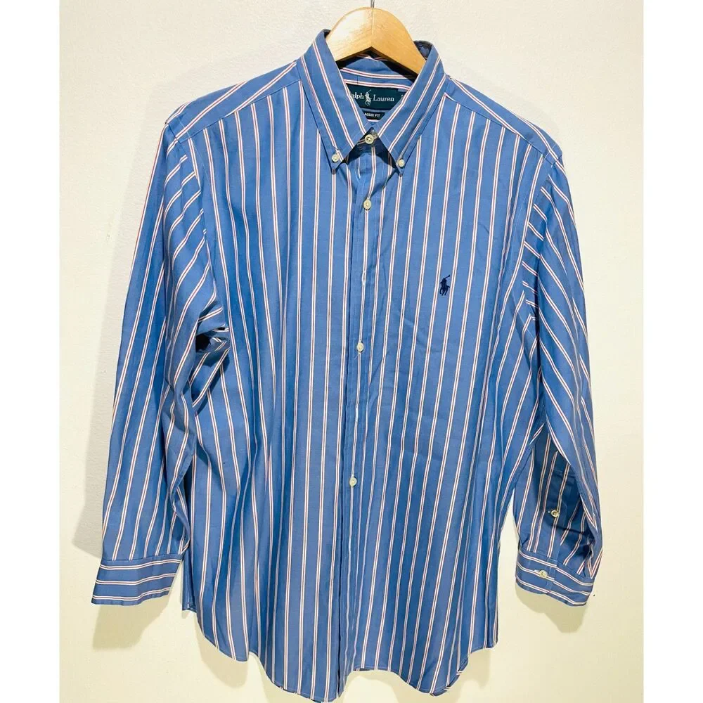 Ralph Lauren shirt classic fit button down long sleeve blue strips men's 16.5